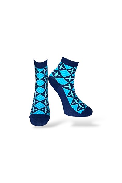 Mevo Single Unisex Geometric Patterned Blue Colored Booties Socks