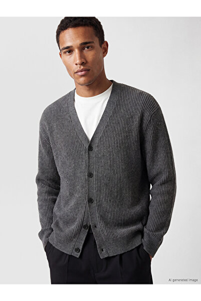 LC Waikiki Lcw Vision Anthracite Knitwear Plain V-Neck Men's Cardigan with Ne...