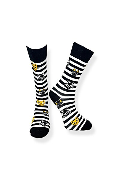 Mevo Single Unisex Striped Cat Patterned Socks