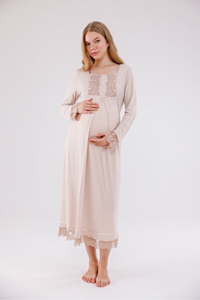 Yulem Homewear Ecru Special Lace Detailed Design Cotton Long Sleeve Maternity...