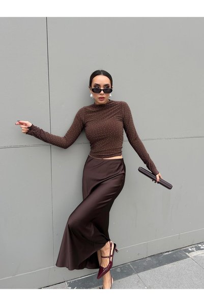 Pena Bluză din tricot cu pietre maro