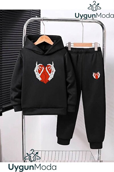 UygunModa Skeleton Heart Printed Hooded Thick Cotton Inside Lined Sweatpants ...