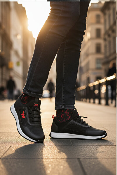WALKWAY Black-Red Lock Lace-Up Lightweight Comfortable Sole Men's Walking and...