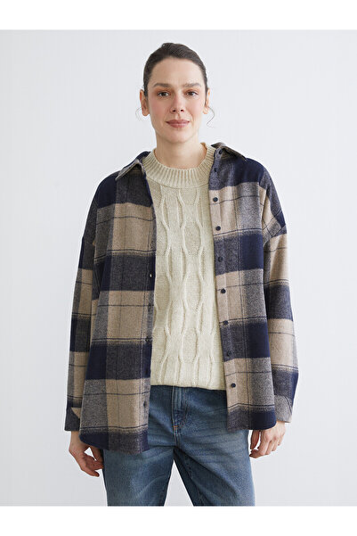 LC Waikiki Navy Blue Plaid Oversized Women's Shirt from Plus-Store