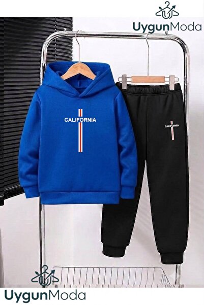 UygunModa California Colorful Striped Printed Hooded Thick Cotton Inside Trac...