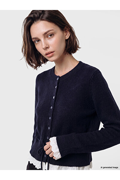LC Waikiki Lcw Modest Navy Blue Knitwear Plain Women's Cardigan with Nevavm D...