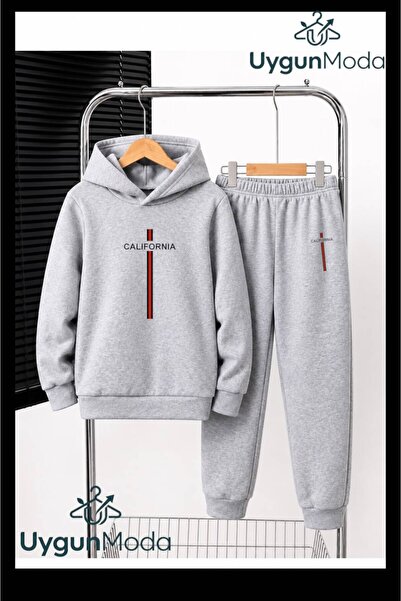 UygunModa California Colorful Striped Printed Hooded Thick Cotton Inside Trac...