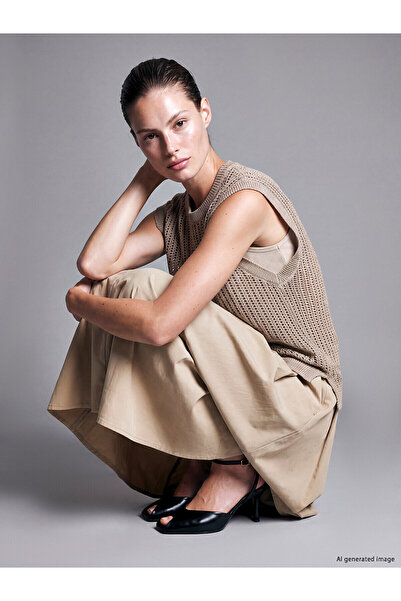 LC Waikiki Lcw Everyday Beige Crew Neck Openwork Women's Knitwear Sweater