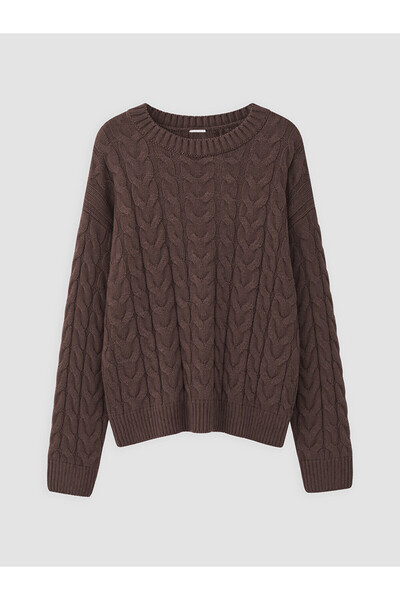 LC Waikiki Brown Crew Neck Braided Hair Knit Sweater for Girls