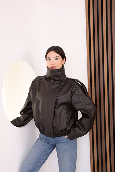 FEMİNEER.com Stand Collar Bomber Leather Jacket