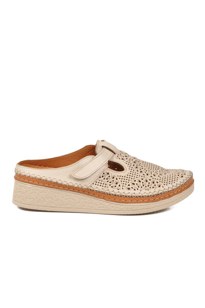 Venüs Beige Genuine Leather Velcro Strap Soft Comfortable Sole Women's Sabo S...