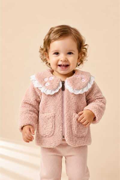LİLİYUM Baby Girl Plush Cardigan Zipper Closure Floral Detailed Soft Textured...