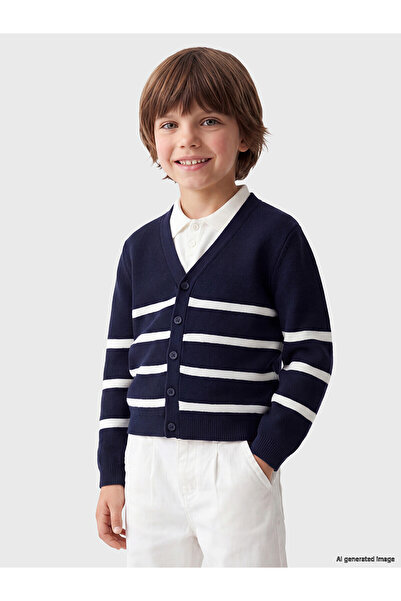 LC Waikiki Lcw Kids Navy Blue Knitwear Striped Boy's Cardigan with Nevavm Dif...