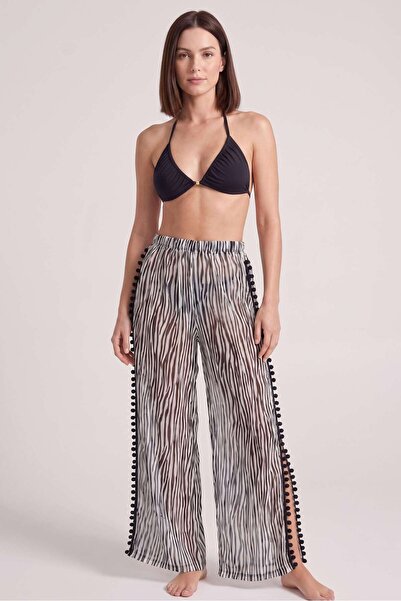 OBJE Women's Zebra Pattern Pompom Detailed Slit Trousers Pareo