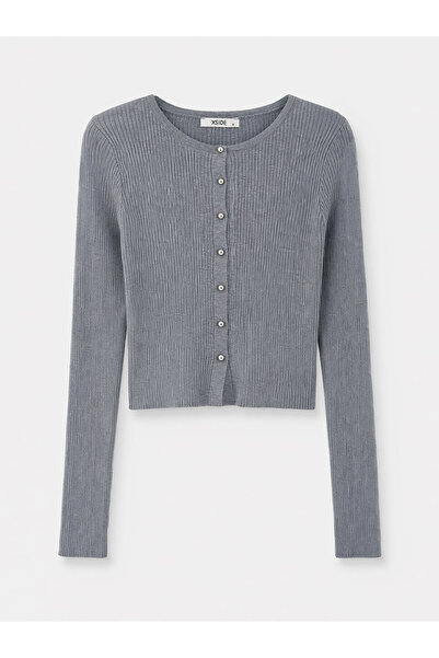LC Waikiki Xside Gray Knitwear Plain Short Women's Cardigan with Nevavm Diffe...