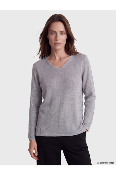 LC Waikiki Nevavm Lcw Grace Gray V-Neck Shiny Textured Women's Knitwear Sweat...