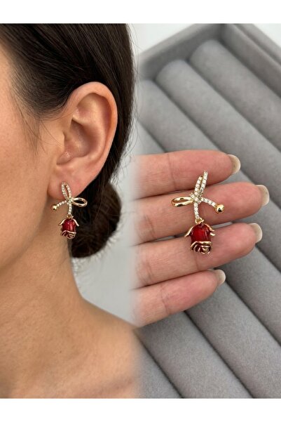MODA Gold Women's Earrings with Zircon Stones, Red Roses and Bow Detail