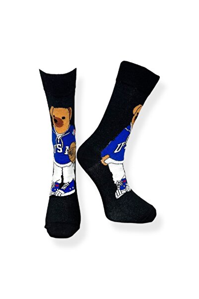 Mevo Single Unisex Bear Patterned Black Color Socks
