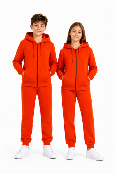 TRENDHİLL Unisex Children's Hooded Collar Tracksuit Set Orange-310