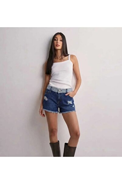BeHill Be Hill Kadın Çift Tonlu Mavi Yırtık Detaylı Paçası Püsküllü Mini Jean...