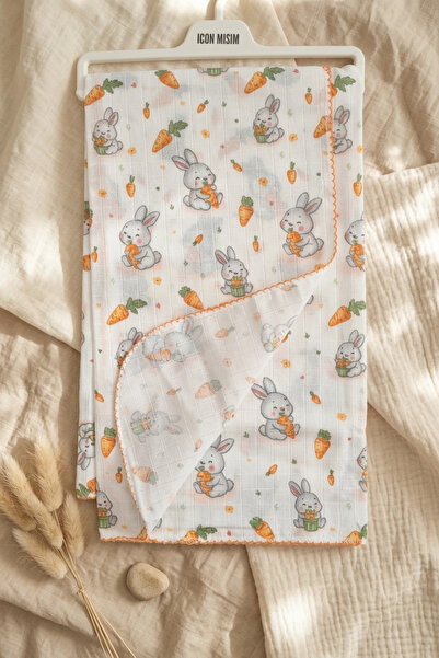 DYZSTAR Rabbit Carrot Patterned Orange Edge Piping Embroidered Cotton Muslin ...
