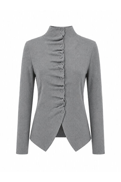 peri tower Women's High Collar Gathered Detailed Buttoned Fit Knitwear Cardig...