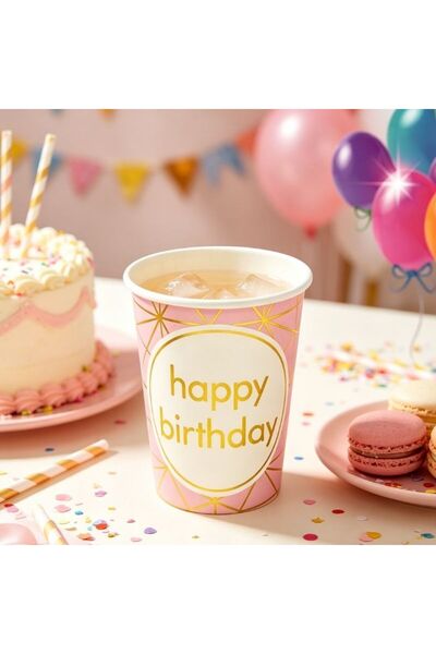 idei Birthday paper cups 6 pieces, height 9 cm, gilded Printed design, dispos...