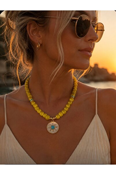 TARZ-I TAKI Natural Stone Yellow Bodrum Bead Sun Pendant