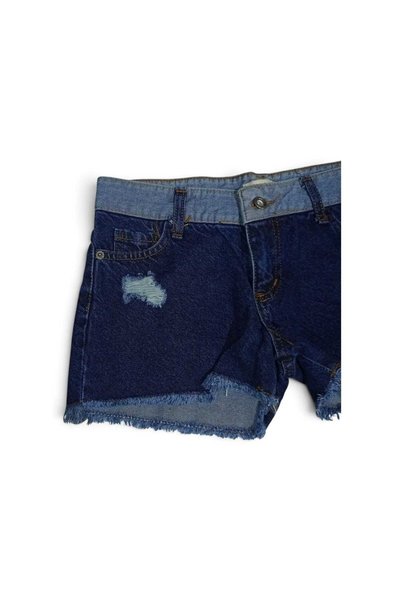 BeHill Be Hill Women's Double Tone Blue Ripped Detailed Tasseled Hem Mini Jean Shorts