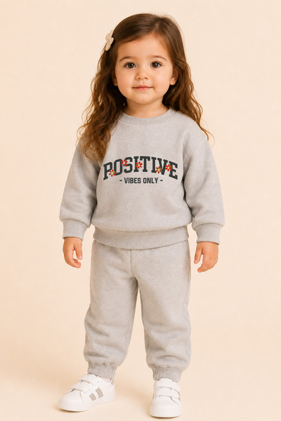 bebekpare Girl's Top and Bottom Set (Without Tassels) Positive Gray 100% Cotton