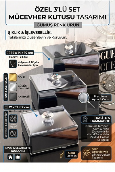 RİVO HOME DECOR Premium 3'lü Aynalı Cam Mücevher ve Takı Kutusu Seti - Krista...
