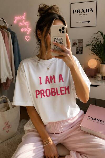 LELVANİ Women's I Am a Problem Pink Text Printed T-Shirt