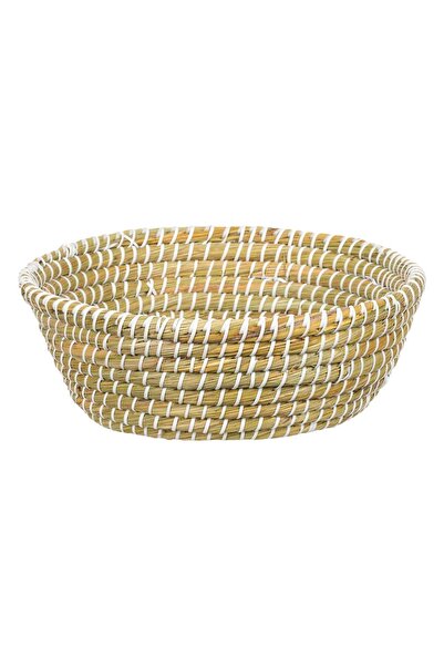 OEM Coș rotund din paie pentru depozitare 30x12cm Bej cu model alb din nailon