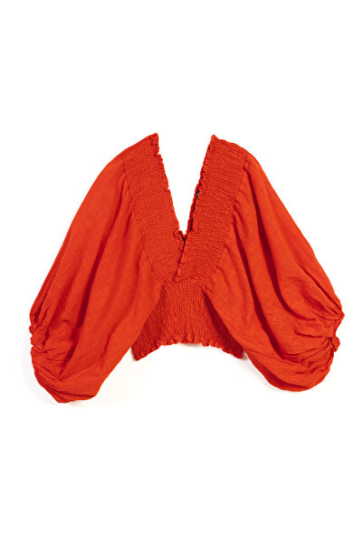 Nisan Linen-Like V-Neck Giped Bluz Red