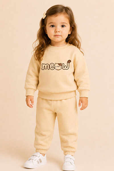 bebekpare Girl's Top and Bottom Set (Without Tassels) Meow Printed Beige 100%...