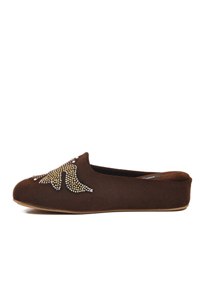 Pierre Cardin Coffee Velvet Detailed Soft and Comfortable Women's House Slippers
