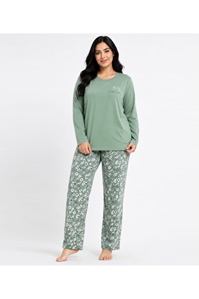 JUMALLİ Kadın Desenli Modal Uzun Kollu Kışlık Büyük Beden Pijama Takımı