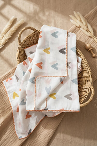 DYZSTAR Colorful Heart Patterned Cotton Muslin Baby Blanket with Piping and E...