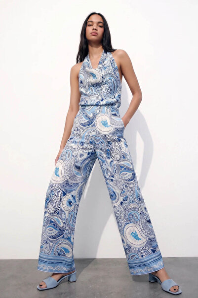 Quzu Shawl Patterned Blue Women's Trousers Pnt02034