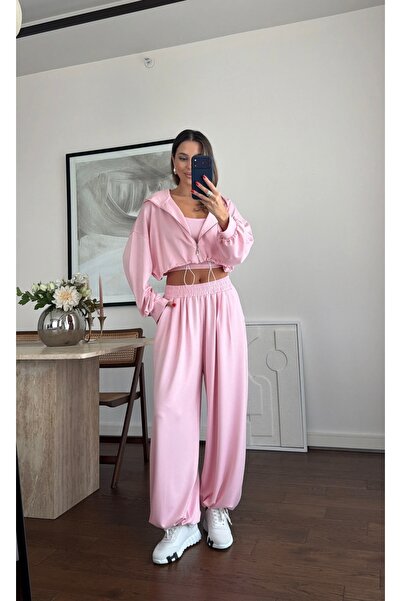 BRTC design Women's Pink Hooded Crop Zipper Tracksuit Set