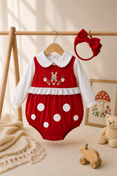Tuğra Bebe Rabbit Embroidered Bandana Cotton Baby Girl Romper Bodysuit