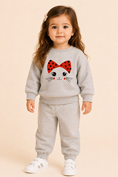 bebekpare Girl's Top and Bottom Set (Without Tassels) Bandana Cat Gray 100% C...