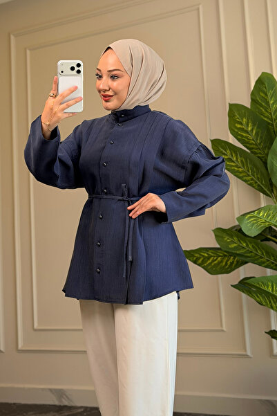 Suede Style 6301 - Stylish Comfortable Threaded Waist Tie Long Shirt