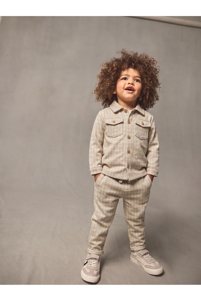 Tinymuyt Boy's Cotton Combed Cotton 4-Pocket Shirt/Pants 2-Piece Set Cream