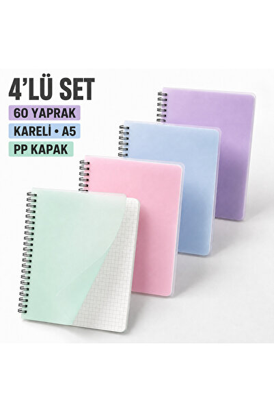 Srctech 4’lü A5 PP Kapak Spiralli Kareli Defter Seti – 60 Yaprak Pastel Renkler