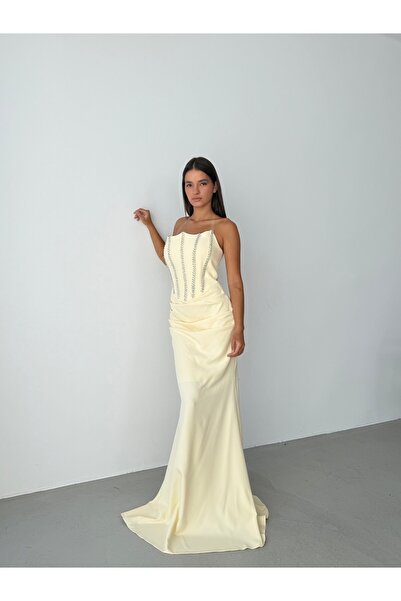 Serica Moda Yellow Strapless Stone Embellished Draped Underwire Long Evening Dress
