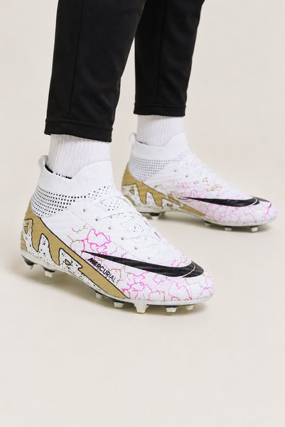 Jagulep Men's High Ankle Football Turf Soccer Cleats with Socks - White - Gold