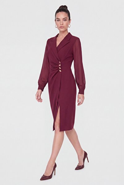 Lafaba Women's Burgundy Double-Breasted Collar Chiffon Sleeve Midi Event Dress