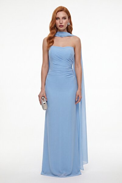 Lafaba Women's Baby Blue Strapless Collar Drape Detail Long Evening Dress wit...
