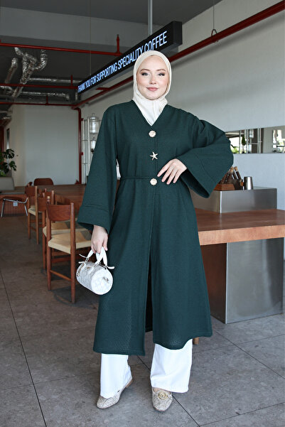 onlymoon Yeşil Yıldız Düğme Detaylı Hırka Kimono | Uzun Rahat Kesim Modern Ka...
